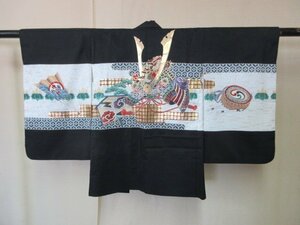 1円 良品 正絹 子供着物 羽織 男児用 七五三 兜 鼓 太鼓 花亀甲 草花 松 カッコいい 袷 身丈70cm 【夢職】★★★