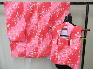 1円 良品 化繊 女児 洗える 赤 七五三 冬物 暈し グラデーション 梅 桜 花吹雪 可愛い 高級 袷 被布セット 身丈93cm 裄47cm【夢職】★★★