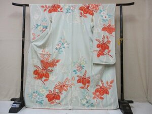 1円 良品 正絹 着物 振袖 縮緬 卒業 入学 水色 アンティーク 桐 菊 花立涌 草花 高級 袷 身丈160cm 裄67cm【夢職】★★★