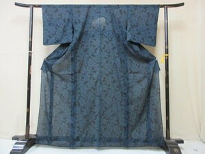 1円 良品 正絹 着物 夏大島紬 紺 草花 椿 お洒落 高級 単衣 身丈153cm 裄65cm◆逸品◆【夢職】★★★★