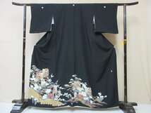 1円 良品 正絹 着物 留袖 縮緬 作家物 友禅 比翼付 御所車 四季花 草花 高級 袷 身丈148cm 裄65cm◆逸品◆【夢職】★★★★_画像1