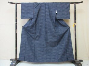 1円 良品 正絹 着物 紬 紺 格子 幾何学 抽象 おしゃれ 高級 袷 身丈150cm 裄63cm【夢職】★★★