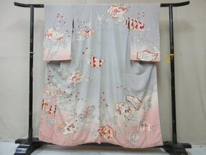 1円 中古 正絹 着物 訪問着 錦紗縮緬 アンティーク レトロ 裂取 草花 花唐草 高級 袷 身丈146cm 裄62cm◆逸品◆【夢職】★★★★