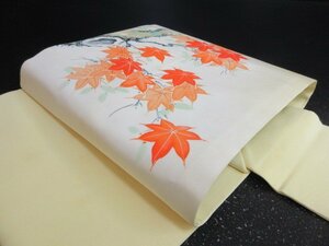 1円 中古 正絹 名古屋帯 塩瀬 暈し グラデーション 枝花 楓 紅葉 可愛い お太鼓柄 九寸帯 長さ360cm【夢職】★★★