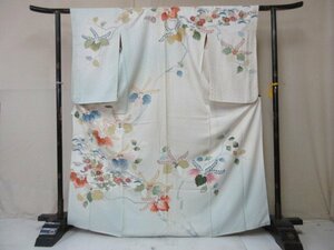 1円 良品 正絹 着物 訪問着 縮緬 卒業 入学 アンティーク 桐 菊 草花 おしゃれ 高級 袷 身丈158cm 裄65cm【夢職】★★★