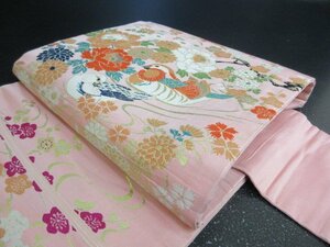 1円 良品 正絹 名古屋帯 綸子生地 アンティーク レトロ 桃色 花喰い鳥 鴛鴦 草花 可愛い 六通柄 九寸帯 長さ315cm【夢職】★★★