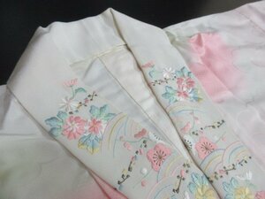 1円 良品 化繊 長襦袢 入学 卒業 暈し グラデーション 刺繍半衿 雲 おしゃれ 袖無双 身丈123cm 裄63cm【夢職】★★★