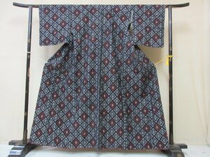 1円 良品 正絹 着物 紬 花菱 幾何学 抽象 お洒落 高級 袷 身丈150cm 裄64cm【夢職】★★★