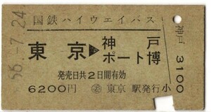 国鉄バス　片道乗　A硬緑　東京→神戸ポート博　○委 東京駅発行　S56