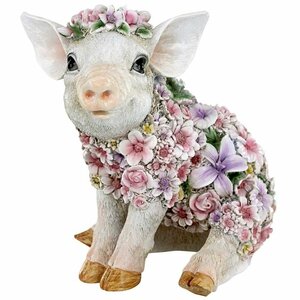 花で装飾された豚さん　子豚彫刻インテリア置物屋外対応洋風オブジェ雑貨飾り装飾品カラフル巻き毛の尾庭動物オブジェ花壇ガーデンアート
