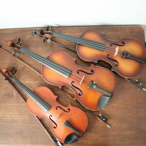fb60560 ヴィンテージ弦楽器 SUZUKI バイオリン サイズ 1/2・3/4・1/4 3点 ジャンク品 弓 ケース付