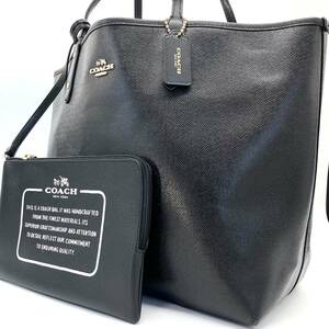 極美品 ポーチ付 コーチ COACH メンズ トートバッグ ビジネス ハンド ショルダー リバーシブル PVCレザー 黒 白 ブラック ホワイト 大容量