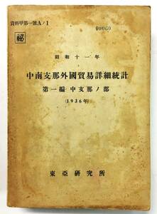 「中南支那外国貿易詳細統計 第一編 中支那ノ部」南満州鉄道株式会社 上海調査室（1936年・東亜研究所）マル秘 支那 輸出輸入細目 データ