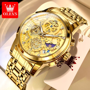 【ゴールド gold】メンズ高品質腕時計 海外人気ブランド Olevs クロノグラフ スケルトン 防水 クォーツ式