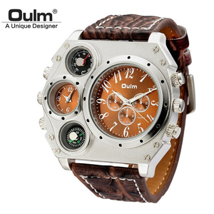 【ブラウン×ブラウン】メンズ ビッグダイヤル腕時計 海外人気ブランド Oulm クロノグラフ 方位磁石 温度計 クォーツ式 レザーバンド