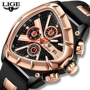 【Rose gold black】メンズ高品質腕時計 海外人気ブランド Lige トライアングル 三角 クロノグラフ 防水 クォーツ式 シリコンバンド