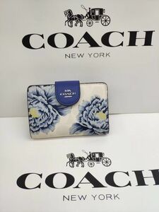 COACHアウトレット二つ折り財布花柄ブルー