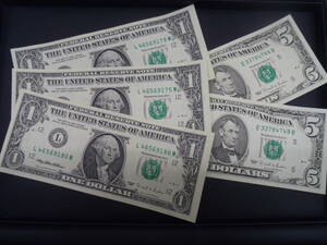【5351】★美品 アメリカ 外国紙幣 札 合計13ドル 5ドル×2枚 1ドル×3枚 ＄ USA 紙幣 経年保管品