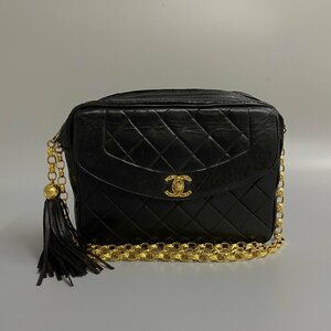 1円 極 美品 シール有 CHANEL シャネル マトラッセ ラムスキン レザー 本革 フリンジ タッセル チェーン ショルダーバッグ ブラック 549-1