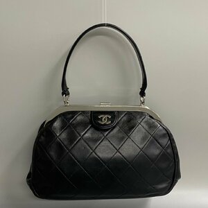 1円 極 美品 希少品 シール有 CHANEL シャネル マトラッセ ラムスキン レザー 本革 がま口 ハンドバッグ ミニ トートバッグ ブラック 33685