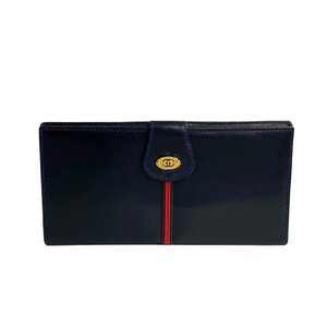 極 美品 GUCCI グッチ オールドグッチ ヴィンテージ シェリーライン GG ロゴ 金具 レザー 本体 二つ折り 長財布 ウォレット ネイビー 16048