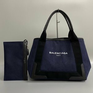 1円 極 美品 ポーチ付 BALENCIAGA バレンシアガ ネイビーカバス キャンバス レザー ミニ トートバッグ ハンドバッグ ネイビー 33595