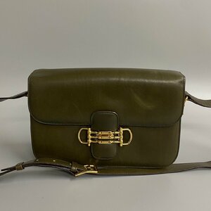 1円 極 美品 CELINE セリーヌ ヴィンテージ 3連 ホースビット ロゴ 金具 カーフ レザー 本革 ショルダーバッグ ポシェット カーキ 32650