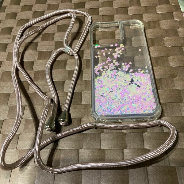 ピンクハート液体流砂 iPhone 14 Pro max ケース　ショルダー付き