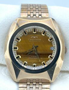 【テクノス　1円～】　◎TECHNOS◎　タイガーボラゾン　デイト　ゴールド　腕時計　稼働　メンズ　E7437