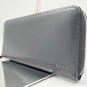 1円～ 極美品 ポール スミス Paul Smith マルチストライプ 長財布 ラウンド ジップストローグレイン メンズ 黒色 ブラック 金ロゴ