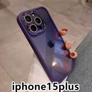 iphone15plusケース レンズ保護付き　透明耐衝撃 紫125
