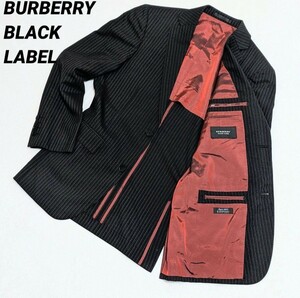 1円~【極美品】バーバリーブラックレーベル BURBERRY BLACK LABEL テーラードジャケット 黒 M 裏地 レッド 背抜き ストライプ ノバチェック