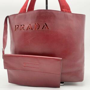 1円【希少色 入手困難】PRADA プラダ ロゴ カットワーク ポーチ付き トートバッグ ショルダーバッグ ハンドバッグ A4収納 大容量 赤 レッド