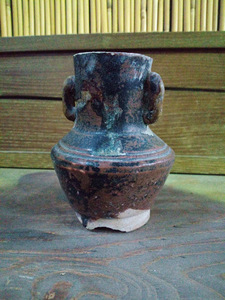 ◇《旧家蔵出し》耳付花入/焼き物 古い 花瓶 フラワーベース 花生け 一輪挿し 飾り物 置物 アンティーク レトロ 