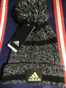  Junior for * Adidas adidas knitted cap Beanie pompon attaching thick warm gray black unused goods 