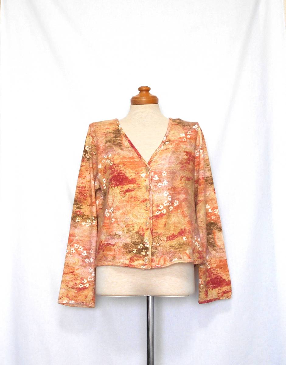 [Guter Zustand, Kostenloser Versand!] OTTO Strickjacke mit orangefarbenem Blumendruck (Fantasy Painting Blumenmuster Haori V-Ausschnitt, locker waschbar♪), Frauenmode, Strickjacke, Größe L