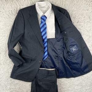 1円〜バーバリー BURBERRY スーツ ストライプ Lサイズ セットアップ タスマニア ウール 大きいサイズ メンズ ダークネイビー 紺色