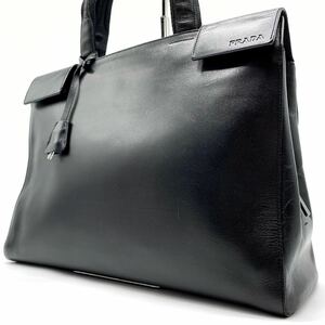 1円【最高級】PRADA プラダ メンズ トートバッグ ハンド ビジネス A4サイズ収納 ロゴ型押し シルバー金具 カデナレザー 本革 ブラック 自立