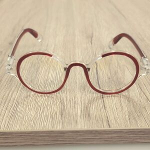リーディンググラス+1.5　老眼鏡 　ブルーライトカットメガネ　めがね　眼鏡　サングラス　レッド×クリア　丸メガネ　 ハズキルーペ