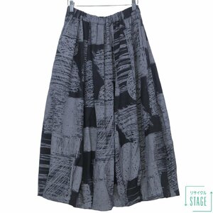 レフルイ★ギャザースカート サイズM ペイント柄 個性的デザイン♪ウール混であったか♪黒×グレー系 z6106