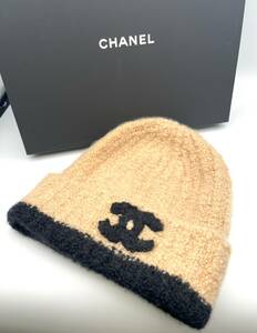 美品 CHANEL シャネル ココマーク ニット帽 ニットワッチ 帽子 カシミヤ×シルク ベージュ×黒 フリーサイズ 服飾小物