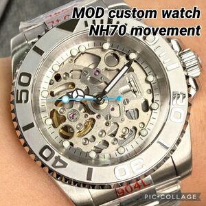 新品 NH70 MOD 高品質 自動巻 メンズ腕時計 スケルトン ステンレス シルバー ケース カスタム ウォッチ オマージュ