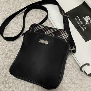 美品 バーバリーブラックレーベル Burberry Black Label ショルダーバッグ ノバチェッレザー ブラック斜め掛け 黒 