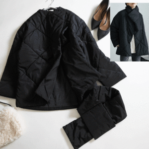 新品■ボンジュールサガンap retro■マフラー付き中綿ノーカラーキルティングジャケット 黒♪軽く温か♪ゆったりオーバーサイズ♪