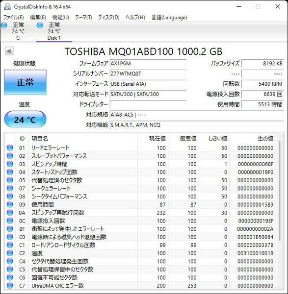 【正常判定】TOSHIBA MQ01ABD100 1TB 5513時間使用（管理番号　T-25）