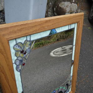 【4Feb29 O】猫のステンドグラス 壁掛け 鏡 ウォールミラー 飾り 額装 木枠 楢材 レトロ/アンティークの画像3