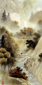 Art hand Auction 新品 掛け軸 秋の紅葉彩る山水 掛軸 絵画 高級桐箱入り, 絵画, 日本画, 山水, 風月