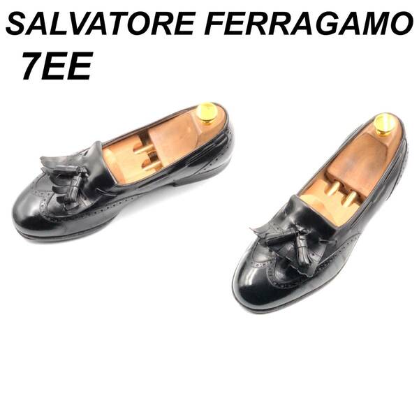 即決 SALVATORE FERRAGAMO フェラガモ 25m 7EE メンズ レザーシューズ フリンジローファー 黒 ブラック 革靴 皮靴 ビジネスシューズ