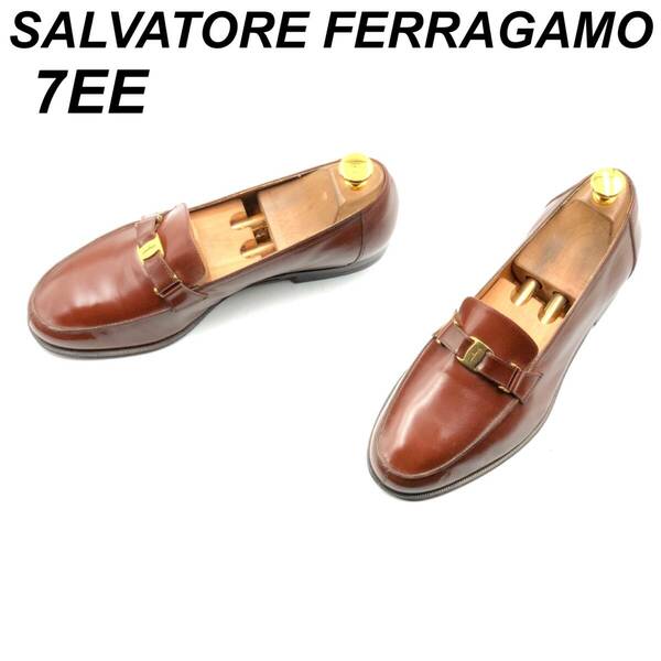 即決 SALVATORE FERRAGAMO フェラガモ 25cm 7EE メンズ レザーシューズ ローファー 茶 ブラウン 革靴 皮靴 ビジネスシューズ