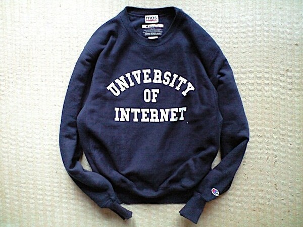 即決 別注品 USA企画品 12oz Champion PREMIUM REVERSE WEAVE スウェット ネイビー mas. UNIVERSITY OF INTERNET インターネット大学 INU